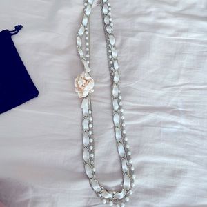 Long Pink Pearl, Ribbon, and Flower necklace